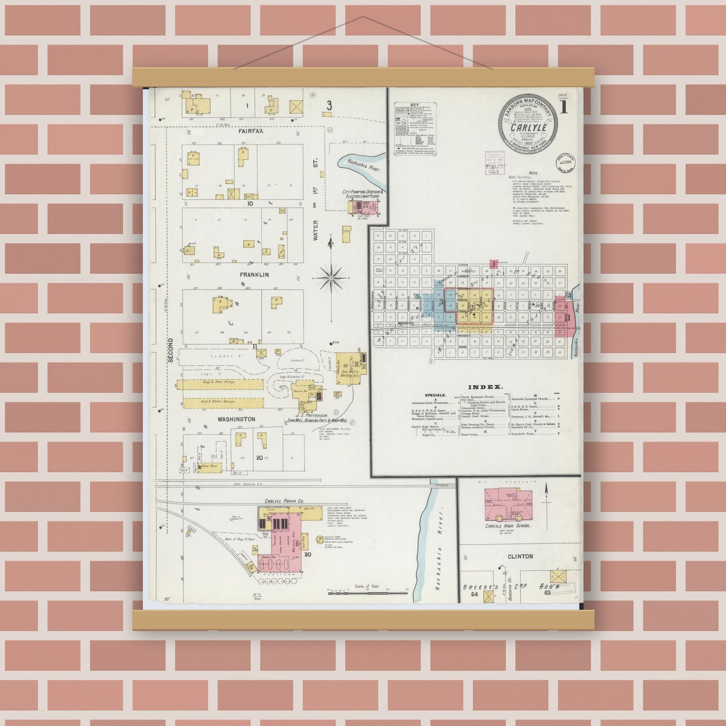 Old map wall art mockup — magnetic wood frame on brick wall — Sanborn Fire Insurance Map from Carlyle, Clinton County, Illinois (1902), Sheet #0001