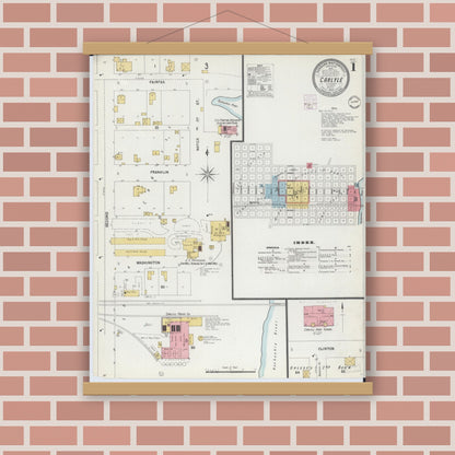 Old map wall art mockup — magnetic wood frame on brick wall — Sanborn Fire Insurance Map from Carlyle, Clinton County, Illinois (1902), Sheet #0001