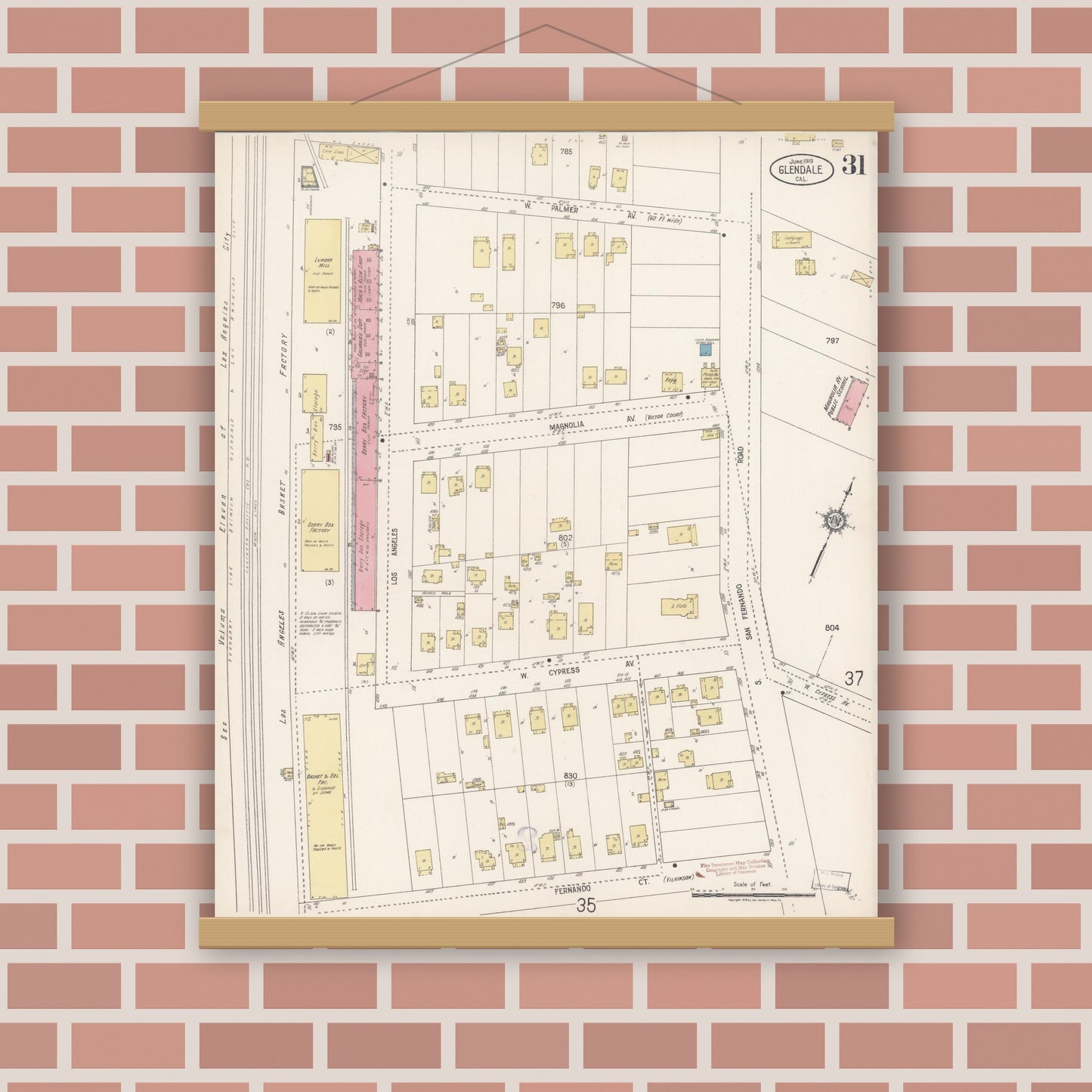 Old map wall art mockup — magnetic wood frame on brick wall — Sanborn Fire Insurance Map from Glendale, Los Angeles County, California (1919), Sheet #0031