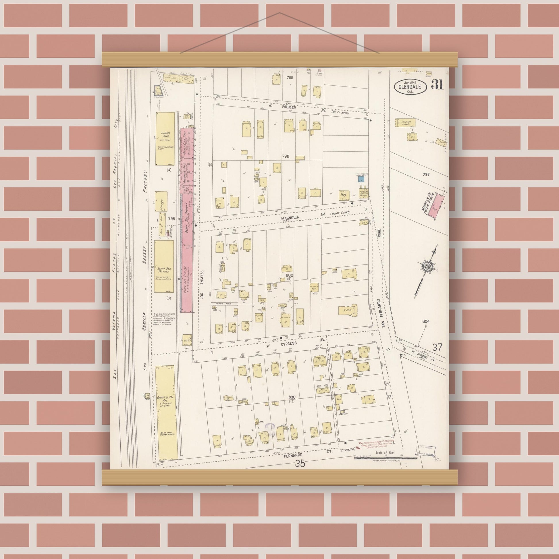 Old map wall art mockup — magnetic wood frame on brick wall — Sanborn Fire Insurance Map from Glendale, Los Angeles County, California (1919), Sheet #0031