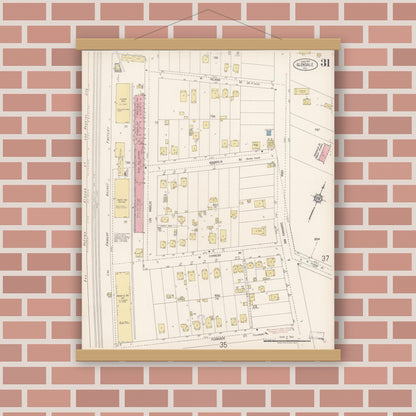 Old map wall art mockup — magnetic wood frame on brick wall — Sanborn Fire Insurance Map from Glendale, Los Angeles County, California (1919), Sheet #0031