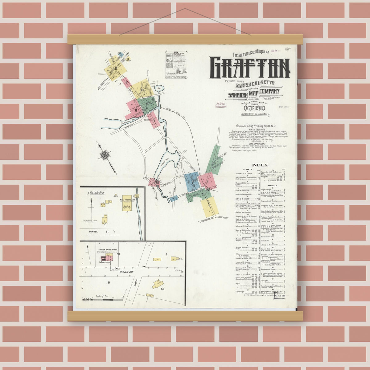 Old map wall art mockup — magnetic wood frame on brick wall — Sanborn Fire Insurance Map from Grafton, Worcester County, Massachusetts (1910) - Complete Map Set