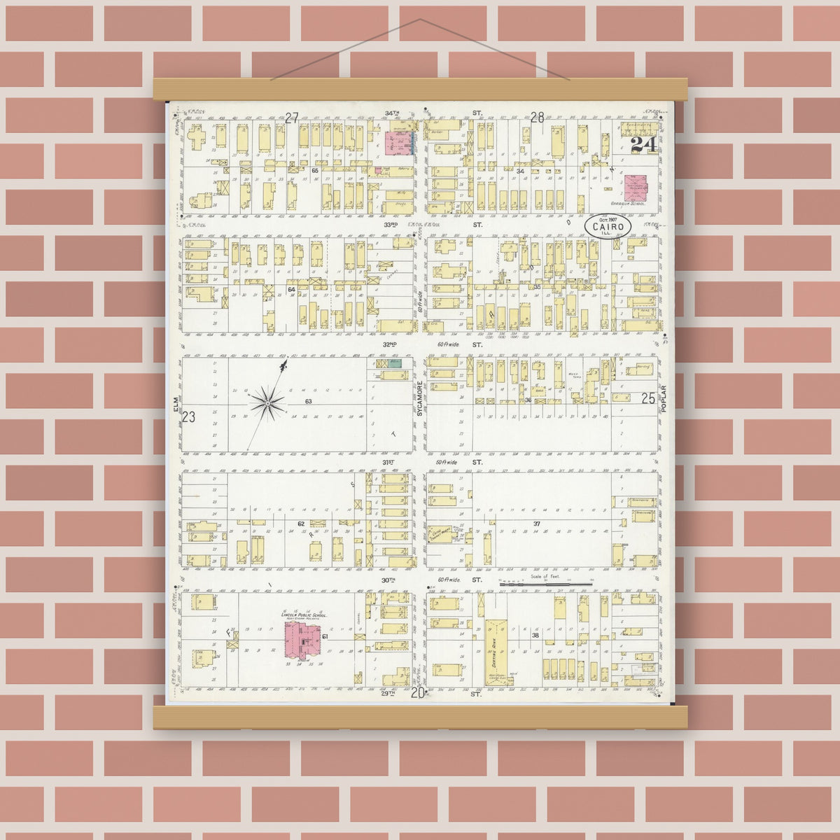 Old map wall art mockup — magnetic wood frame on brick wall — Sanborn Fire Insurance Map from Cairo, Alexander County, Illinois (1907), Sheet #0024