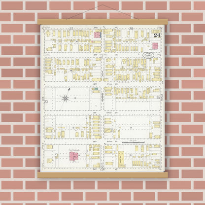 Old map wall art mockup — magnetic wood frame on brick wall — Sanborn Fire Insurance Map from Cairo, Alexander County, Illinois (1907), Sheet #0024