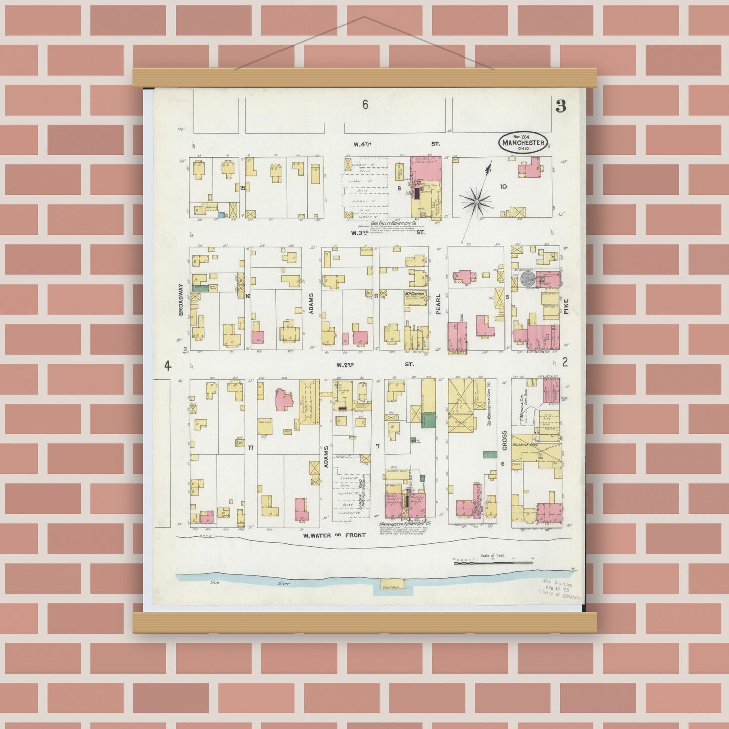 Old map wall art mockup — magnetic wood frame on brick wall — Sanborn Fire Insurance Map from Manchester, Adams County, Ohio (1904), Sheet #0003