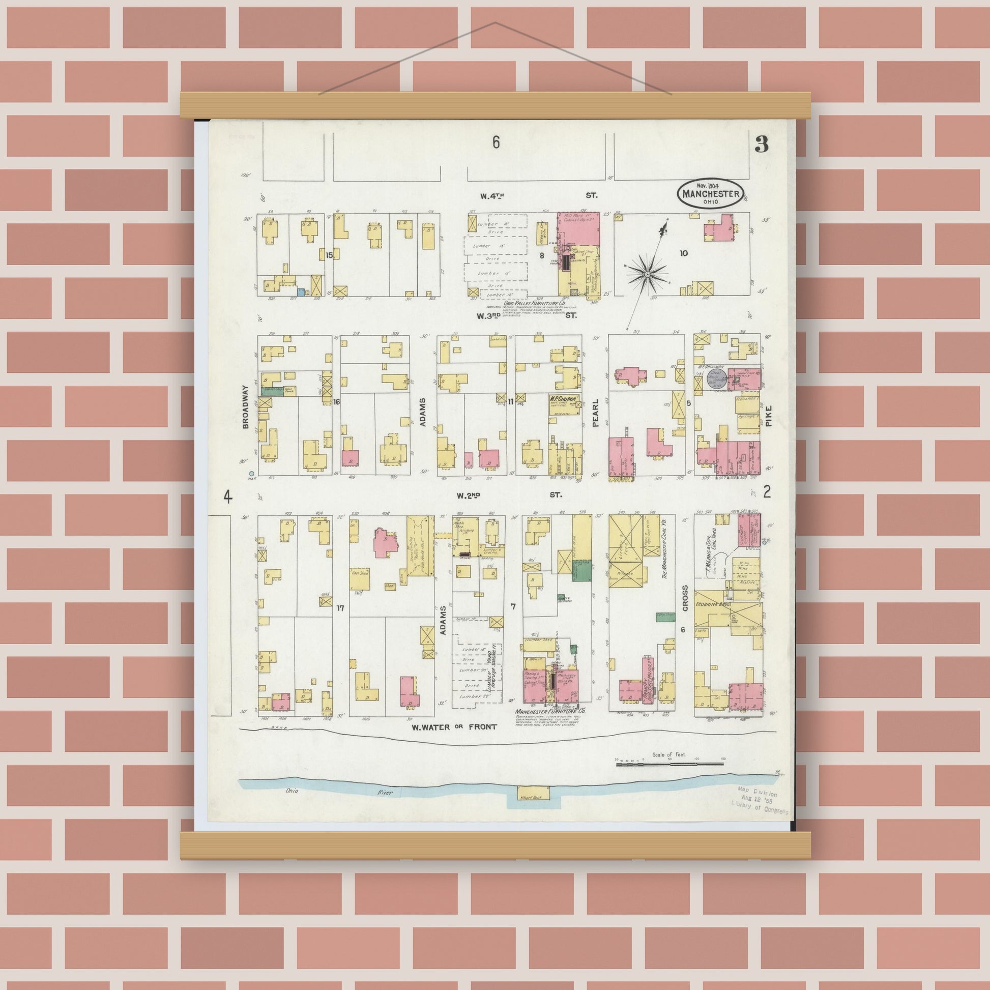 Old map wall art mockup — magnetic wood frame on brick wall — Sanborn Fire Insurance Map from Manchester, Adams County, Ohio (1904), Sheet #0003