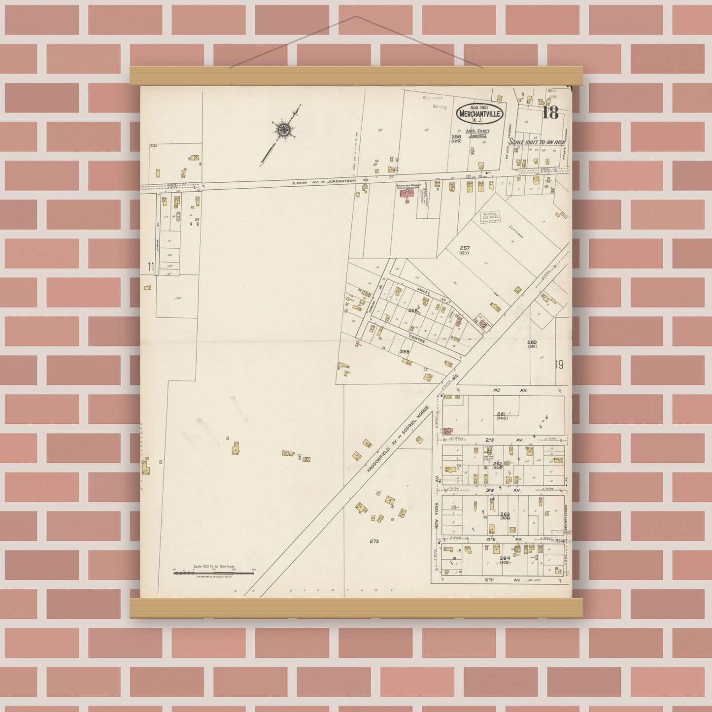Old map wall art mockup — magnetic wood frame on brick wall — Sanborn Fire Insurance Map from Merchantville, Camden County, New Jersey (1921), Sheet #0018