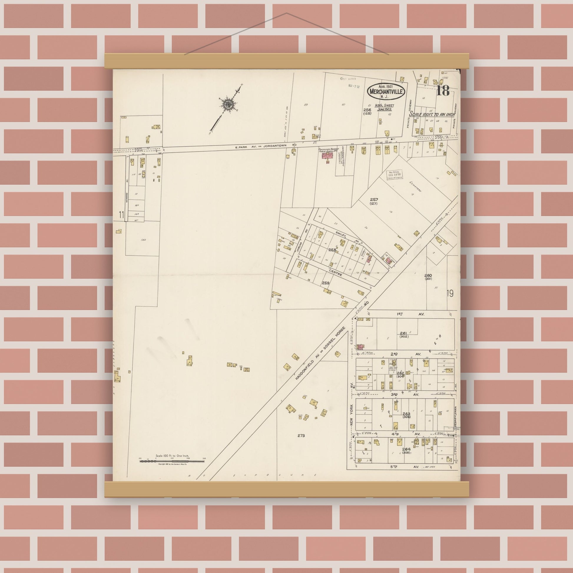 Old map wall art mockup — magnetic wood frame on brick wall — Sanborn Fire Insurance Map from Merchantville, Camden County, New Jersey (1921), Sheet #0018
