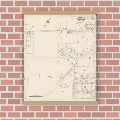 Old map wall art mockup — magnetic wood frame on brick wall — Sanborn Fire Insurance Map from Merchantville, Camden County, New Jersey (1921), Sheet #0018
