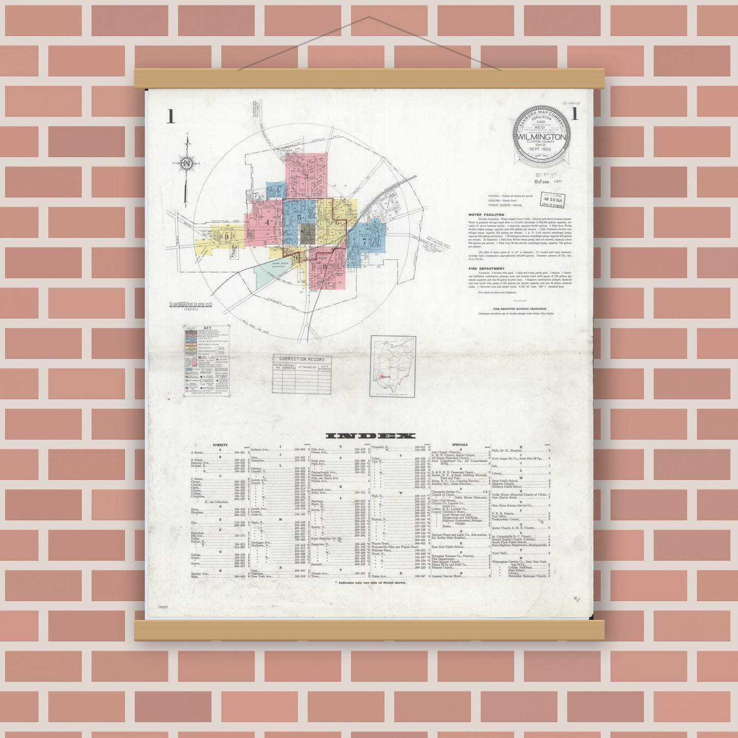 Old map wall art mockup — magnetic wood frame on brick wall — Sanborn Fire Insurance Map from Wilmington, Clinton County, Ohio (1933), Sheet #0001