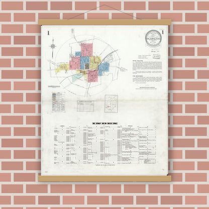 Old map wall art mockup — magnetic wood frame on brick wall — Sanborn Fire Insurance Map from Wilmington, Clinton County, Ohio (1933), Sheet #0001