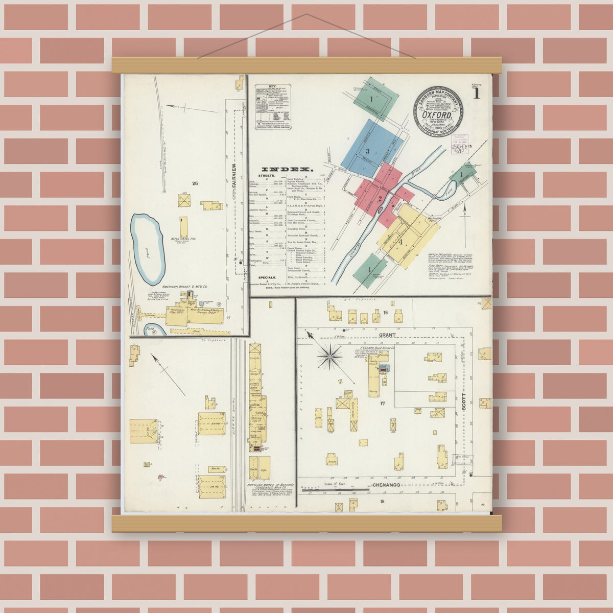 Old map wall art mockup — magnetic wood frame on brick wall — Sanborn Fire Insurance Map from Oxford, Chenango County, New York (1903) - Complete Map Set
