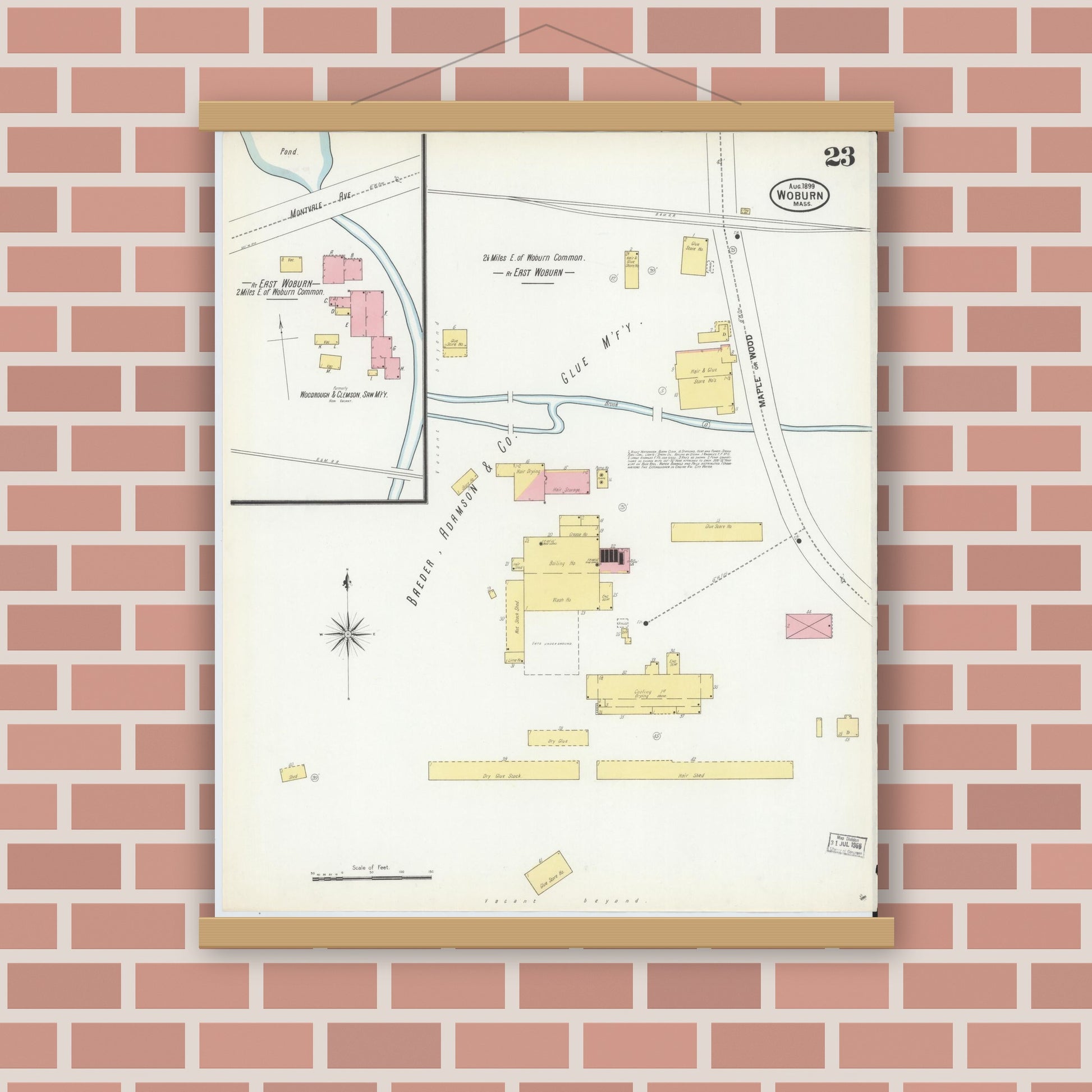 Old map wall art mockup — magnetic wood frame on brick wall — Sanborn Fire Insurance Map from Woburn, Middlesex County, Massachusetts (1899), Sheet #0023