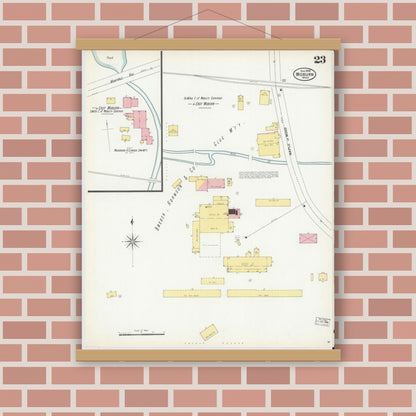 Old map wall art mockup — magnetic wood frame on brick wall — Sanborn Fire Insurance Map from Woburn, Middlesex County, Massachusetts (1899), Sheet #0023