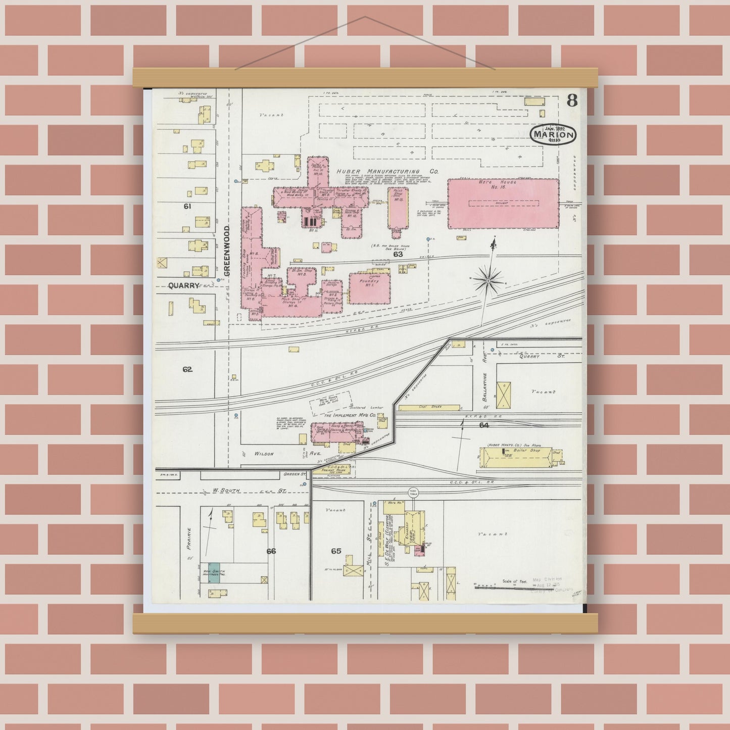 Old map wall art mockup — magnetic wood frame on brick wall — Sanborn Fire Insurance Map from Marion, Marion County, Ohio (1892), Sheet #0008