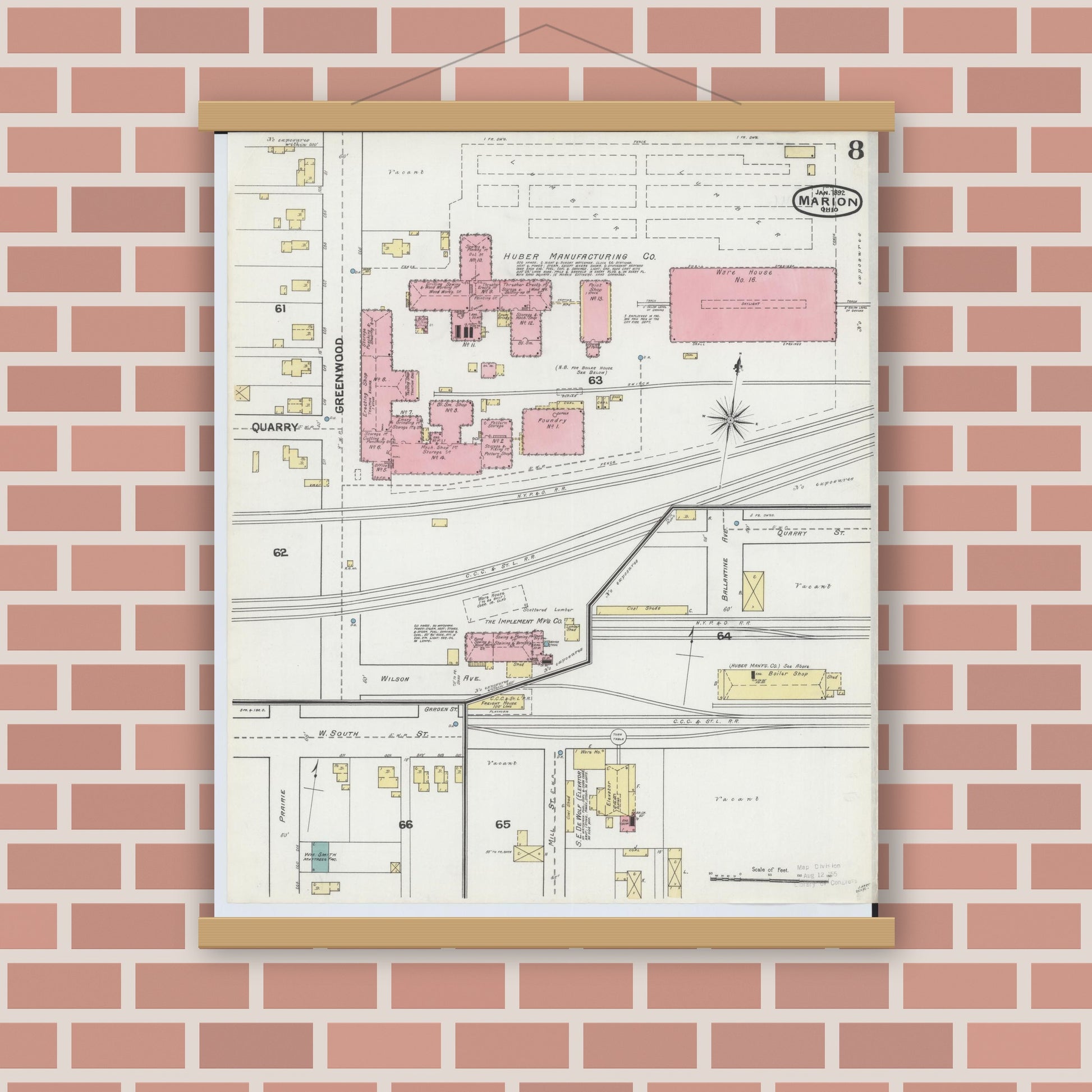 Old map wall art mockup — magnetic wood frame on brick wall — Sanborn Fire Insurance Map from Marion, Marion County, Ohio (1892), Sheet #0008
