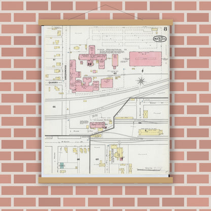 Old map wall art mockup — magnetic wood frame on brick wall — Sanborn Fire Insurance Map from Marion, Marion County, Ohio (1892), Sheet #0008