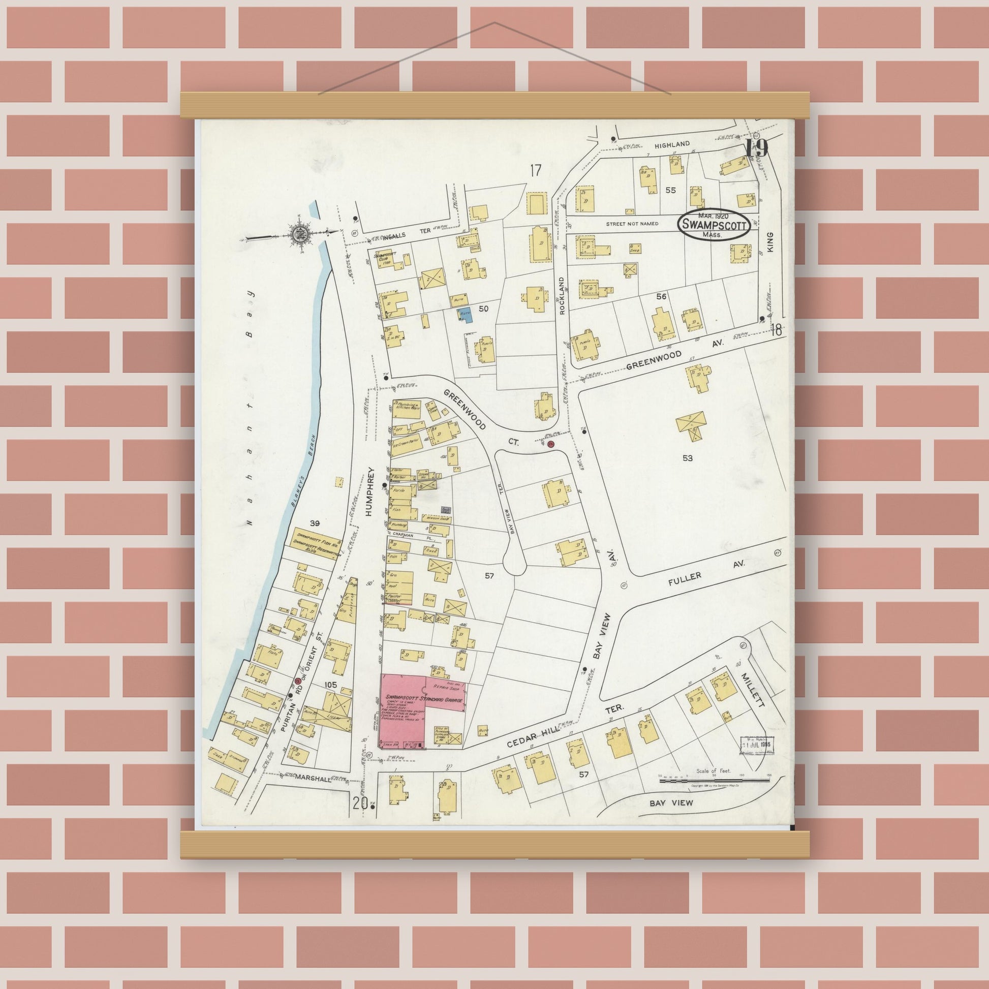 Old map wall art mockup — magnetic wood frame on brick wall — Sanborn Fire Insurance Map from Swampscott, Essex County, Massachusetts (1920), Sheet #0019