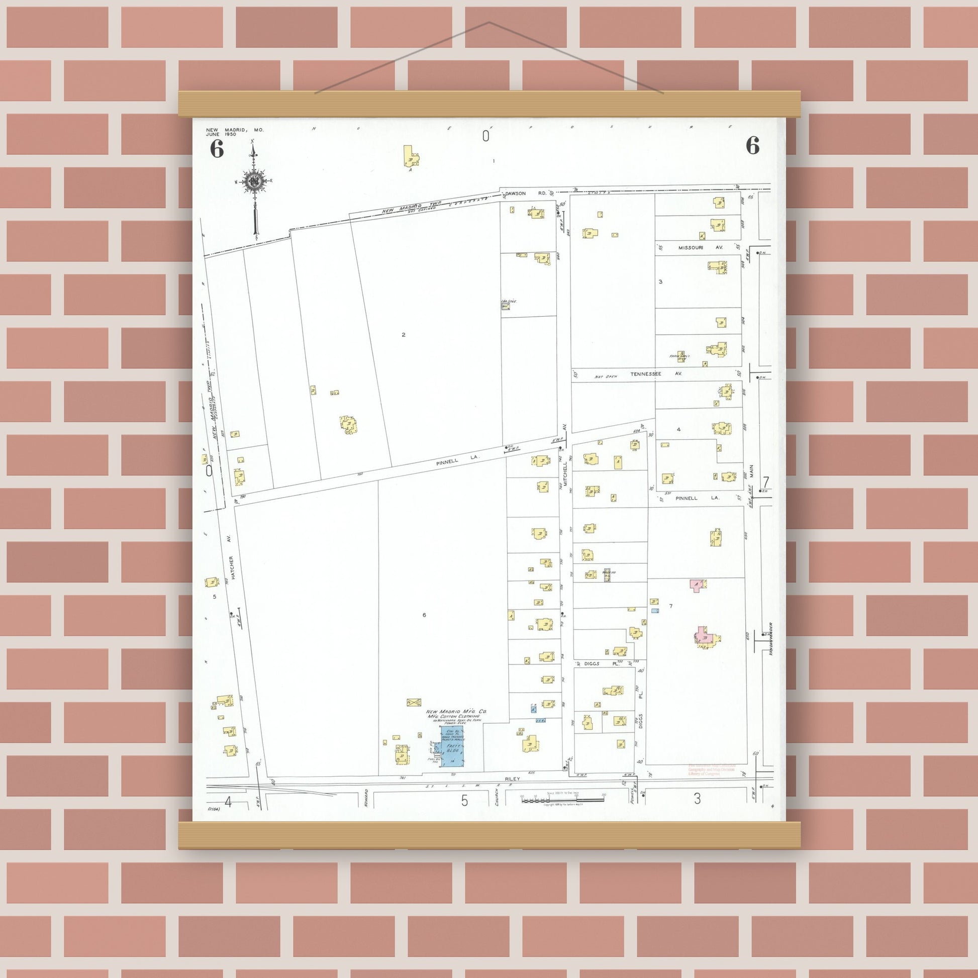 Old map wall art mockup — magnetic wood frame on brick wall — Sanborn Fire Insurance Map from New Madrid, New Madrid County, Missouri (1950), Sheet #0006