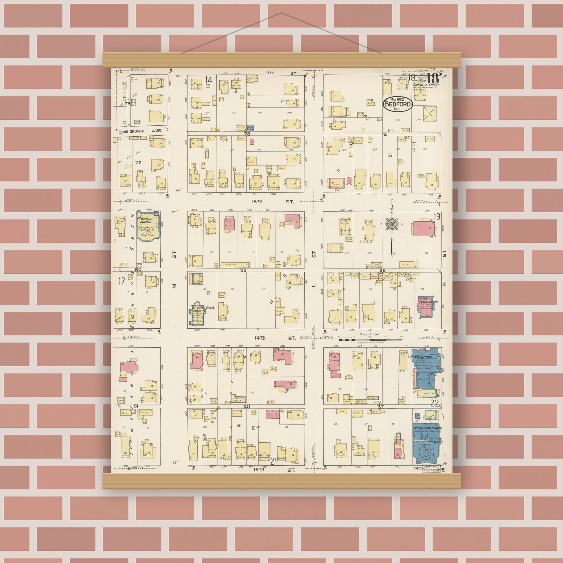 Old map wall art mockup — magnetic wood frame on brick wall — Sanborn Fire Insurance Map from Bedford, Lawrence County, Indiana (1922), Sheet #0018