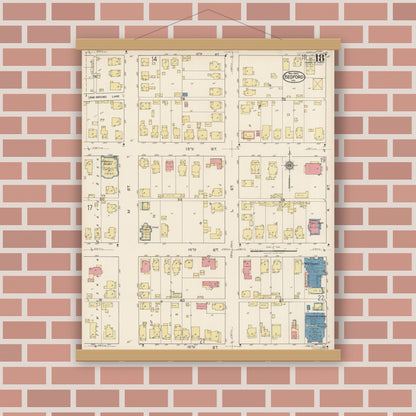 Old map wall art mockup — magnetic wood frame on brick wall — Sanborn Fire Insurance Map from Bedford, Lawrence County, Indiana (1922), Sheet #0018
