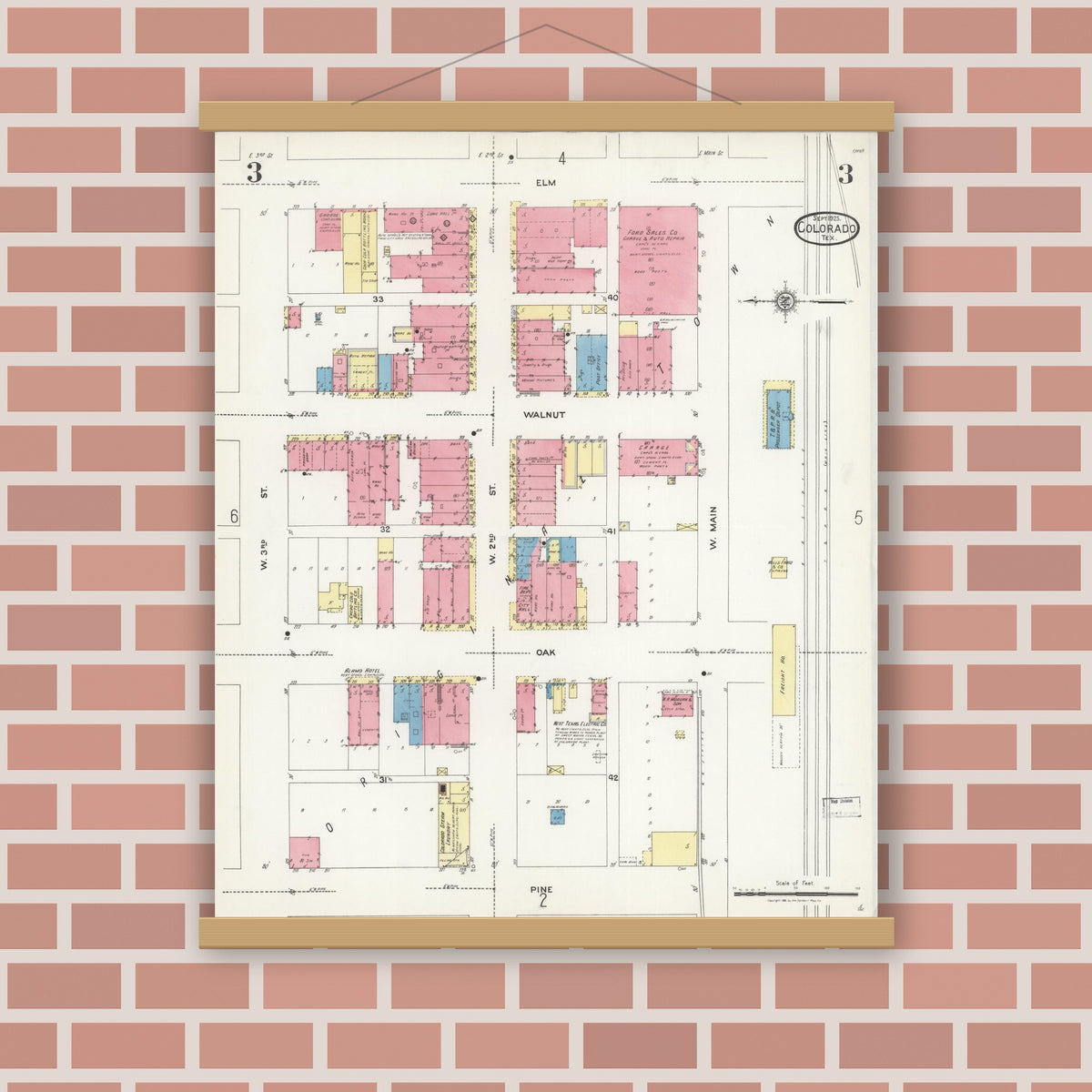 Old map wall art mockup — magnetic wood frame on brick wall — Sanborn Fire Insurance Map from Colorado, Mitchell County, Texas (1925), Sheet #0003