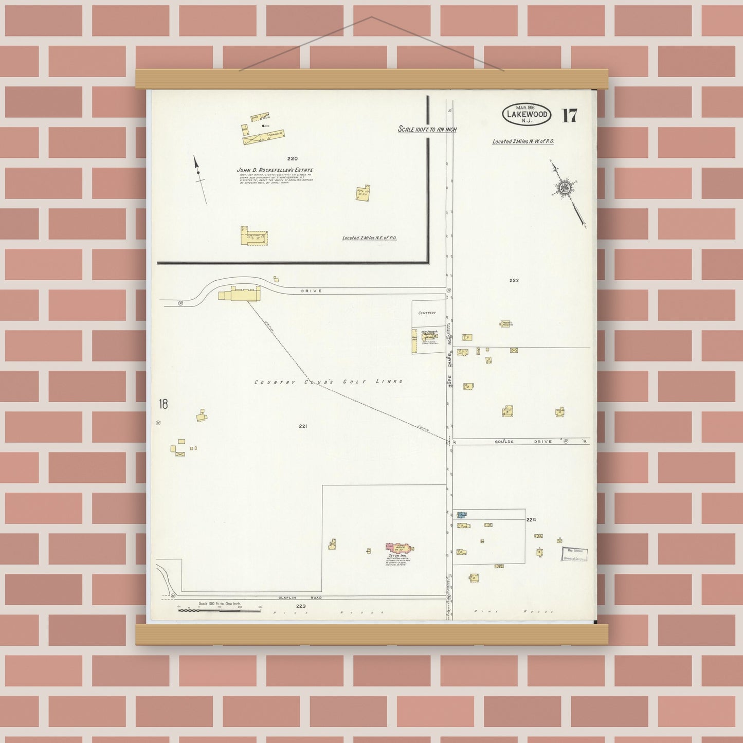 Old map wall art mockup — magnetic wood frame on brick wall — Sanborn Fire Insurance Map from Lakewood, Ocean County, New Jersey (1916), Sheet #0017