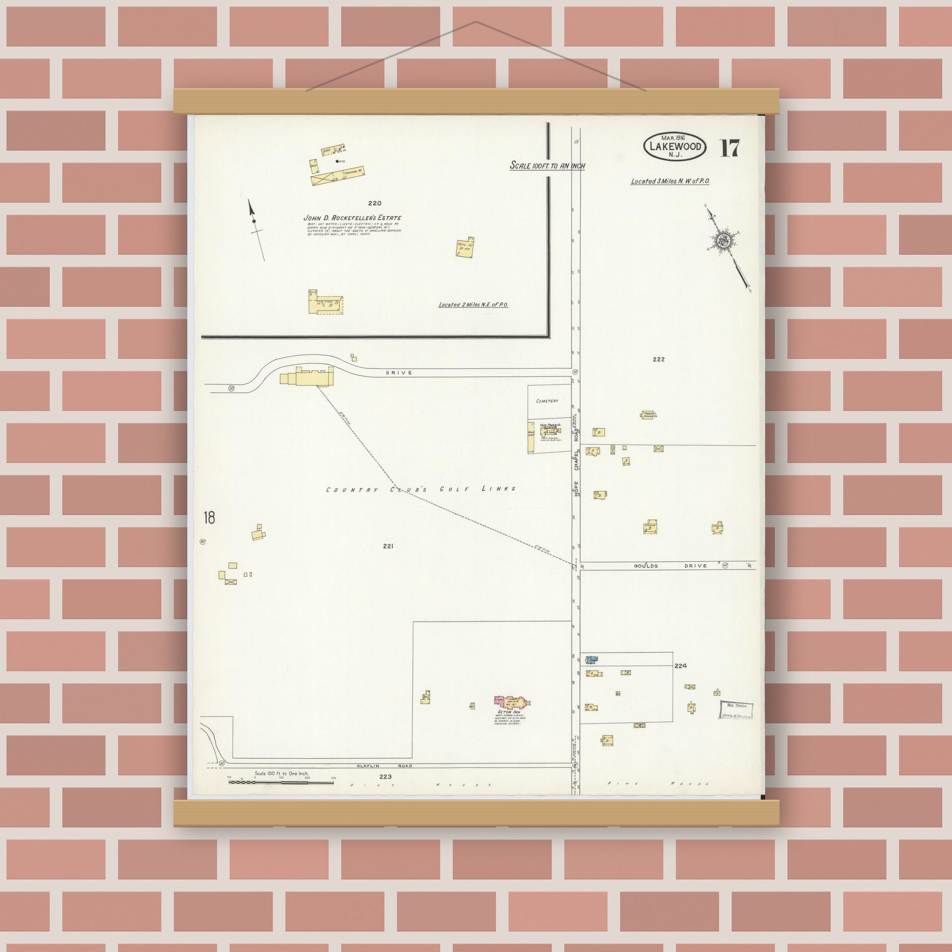 Old map wall art mockup — magnetic wood frame on brick wall — Sanborn Fire Insurance Map from Lakewood, Ocean County, New Jersey (1916), Sheet #0017