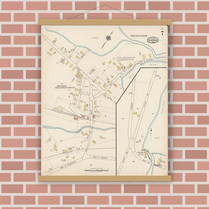 Old map wall art mockup — magnetic wood frame on brick wall — Sanborn Fire Insurance Map from Barre, Worcester County, Massachusetts (1922), Sheet #0007