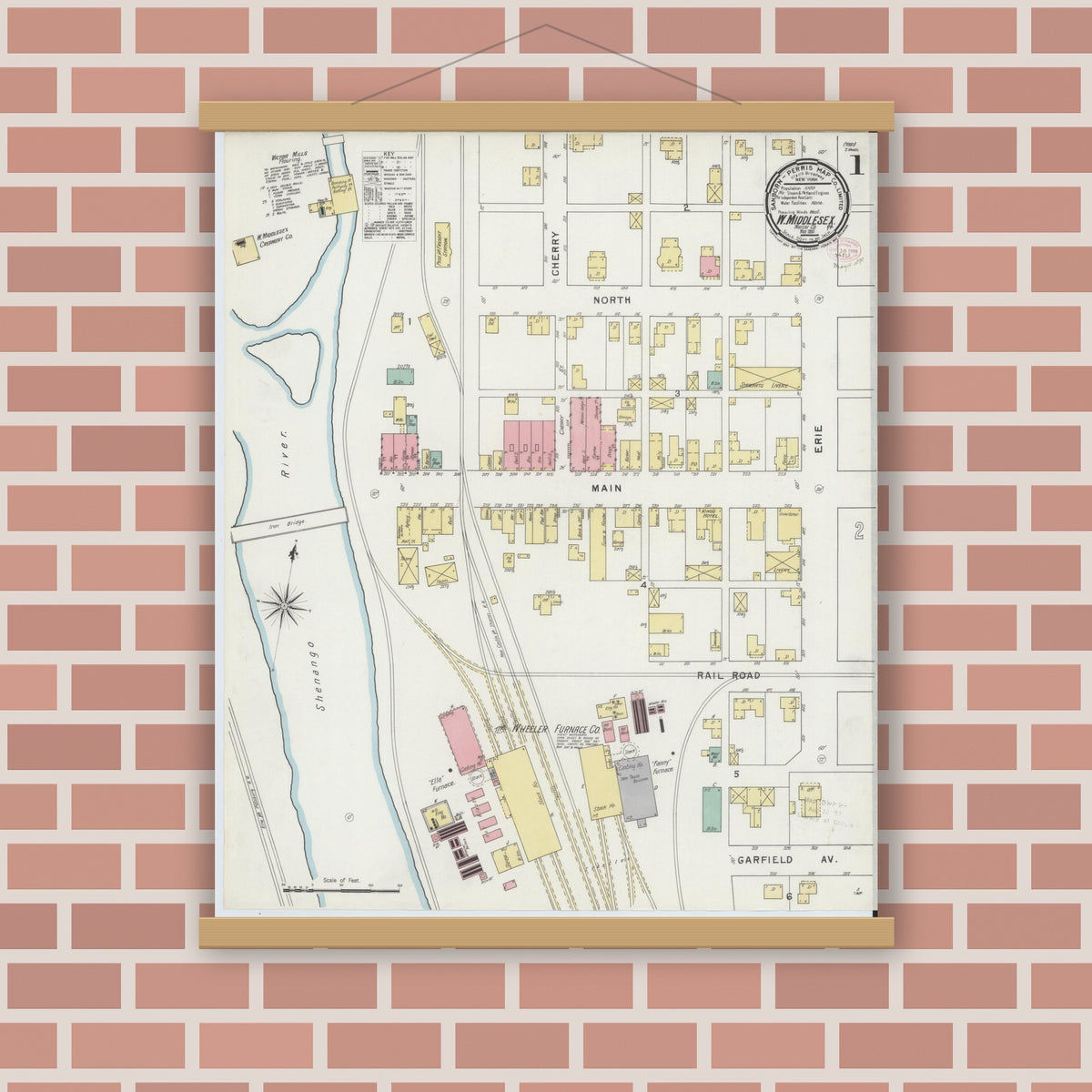 Old map wall art mockup — magnetic wood frame on brick wall — Sanborn Fire Insurance Map from West Middlesex, Mercer County, Pennsylvania (1895), Sheet #0001