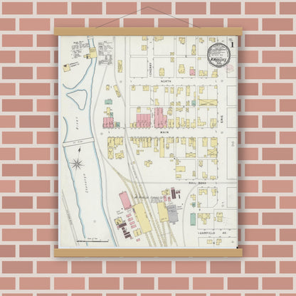 Old map wall art mockup — magnetic wood frame on brick wall — Sanborn Fire Insurance Map from West Middlesex, Mercer County, Pennsylvania (1895), Sheet #0001
