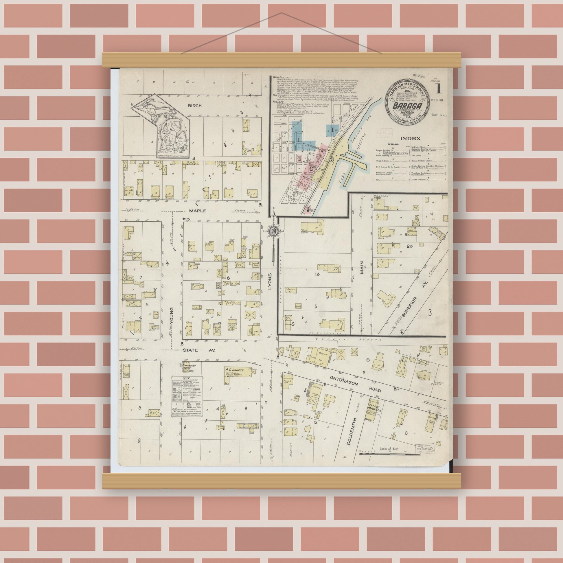 Old map wall art mockup — magnetic wood frame on brick wall — Sanborn Fire Insurance Map from Baraga, Baraga County, Michigan (1914) - Complete Map Set