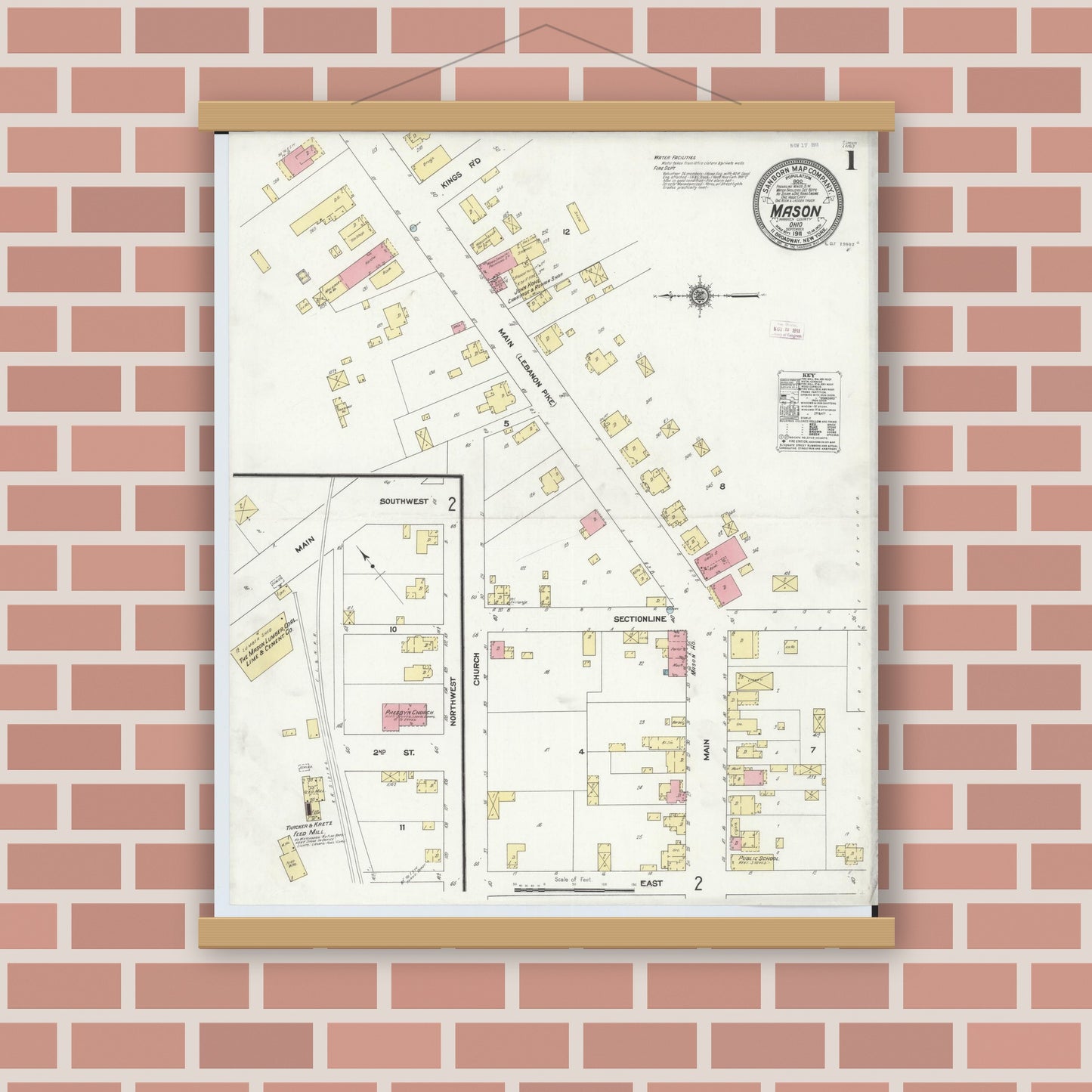 Old map wall art mockup — magnetic wood frame on brick wall — Sanborn Fire Insurance Map from Mason, Warren County, Ohio (1911), Sheet #0001