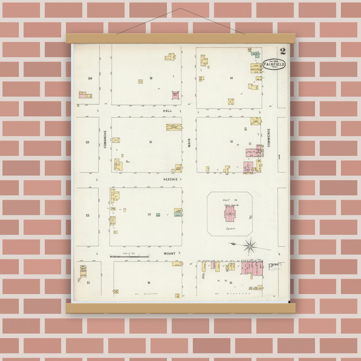 Old map wall art mockup — magnetic wood frame on brick wall — Sanborn Fire Insurance Map from Fairfield, Freestone County, Texas (1896), Sheet #0002