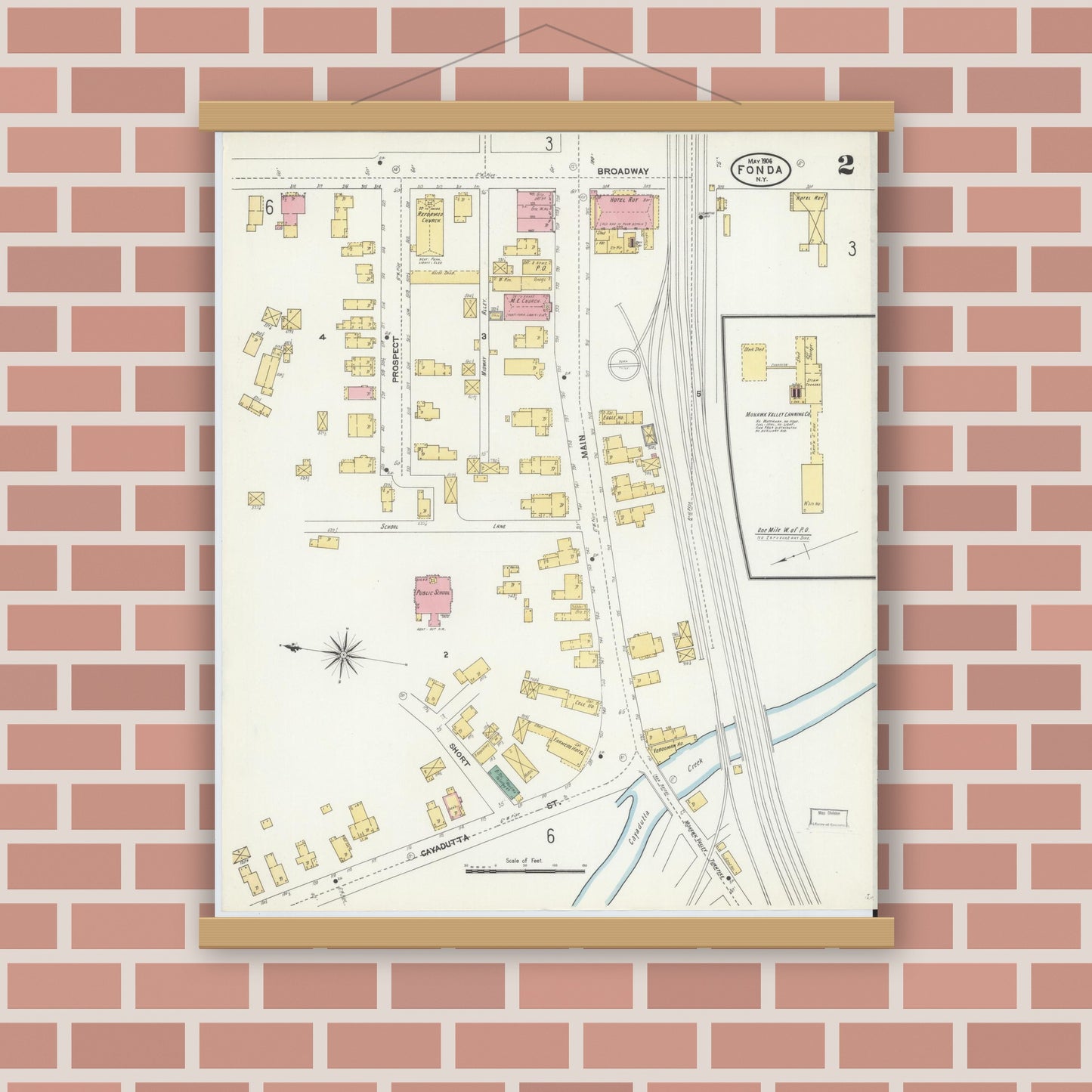 Old map wall art mockup — magnetic wood frame on brick wall — Sanborn Fire Insurance Map from Fonda, Montgomery County, New York (1906), Sheet #0002