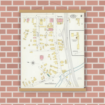Old map wall art mockup — magnetic wood frame on brick wall — Sanborn Fire Insurance Map from Fonda, Montgomery County, New York (1906), Sheet #0002