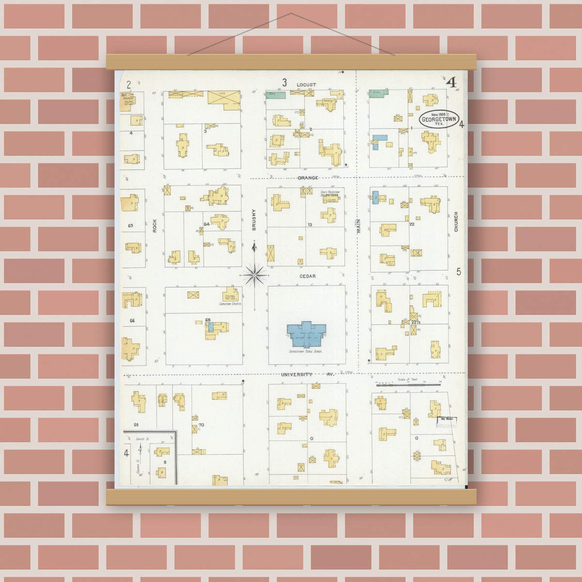 Old map wall art mockup — magnetic wood frame on brick wall — Sanborn Fire Insurance Map from Georgetown, Williamson County, Texas (1905), Sheet #0004