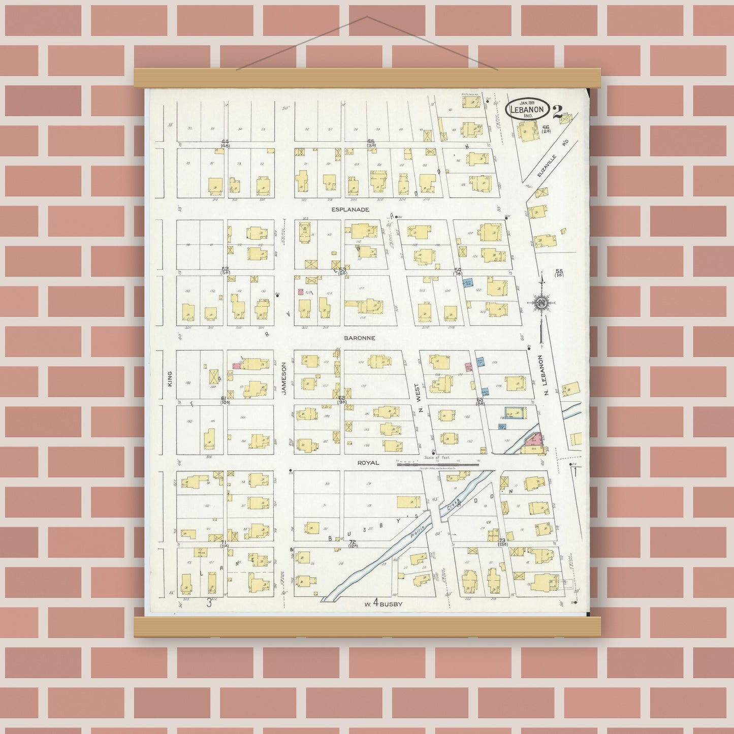 Old map wall art mockup — magnetic wood frame on brick wall — Sanborn Fire Insurance Map from Lebanon, Boone County, Indiana (1919), Sheet #0002