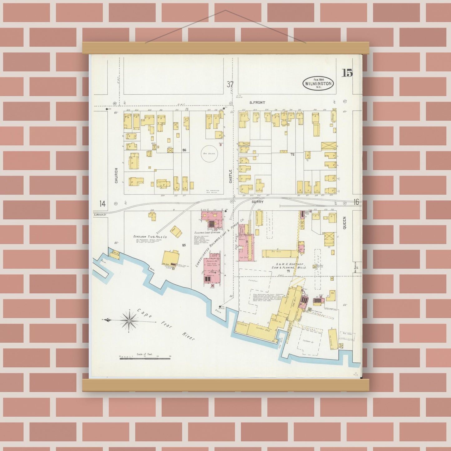 Old map wall art mockup — magnetic wood frame on brick wall — Sanborn Fire Insurance Map from Wilmington, New Hanover County, North Carolina (1904), Sheet #0015