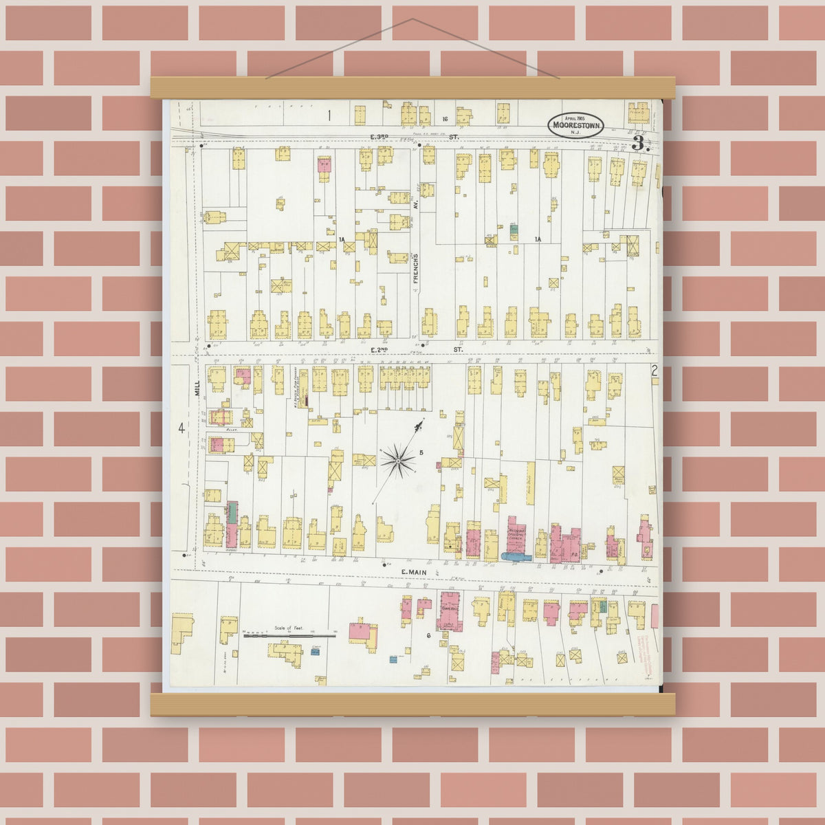 Old map wall art mockup — magnetic wood frame on brick wall — Sanborn Fire Insurance Map from Moorestown, Burlington County, New Jersey (1905), Sheet #0003
