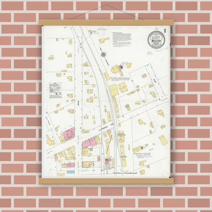 Old map wall art mockup — magnetic wood frame on brick wall — Sanborn Fire Insurance Map from Westby, Vernon County, Wisconsin (1911), Sheet #0001