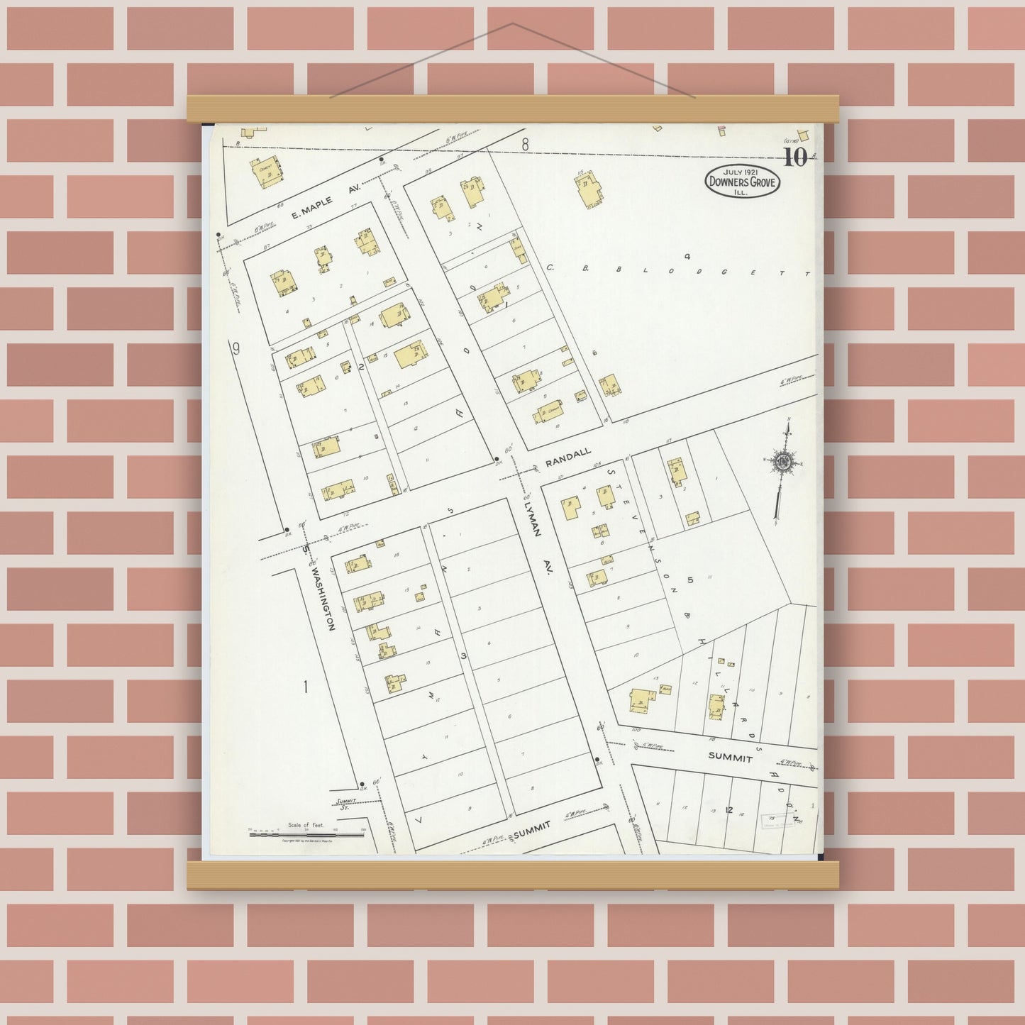 Old map wall art mockup — magnetic wood frame on brick wall — Sanborn Fire Insurance Map from Downers Grove, Dupage County, Illinois (1921), Sheet #0010