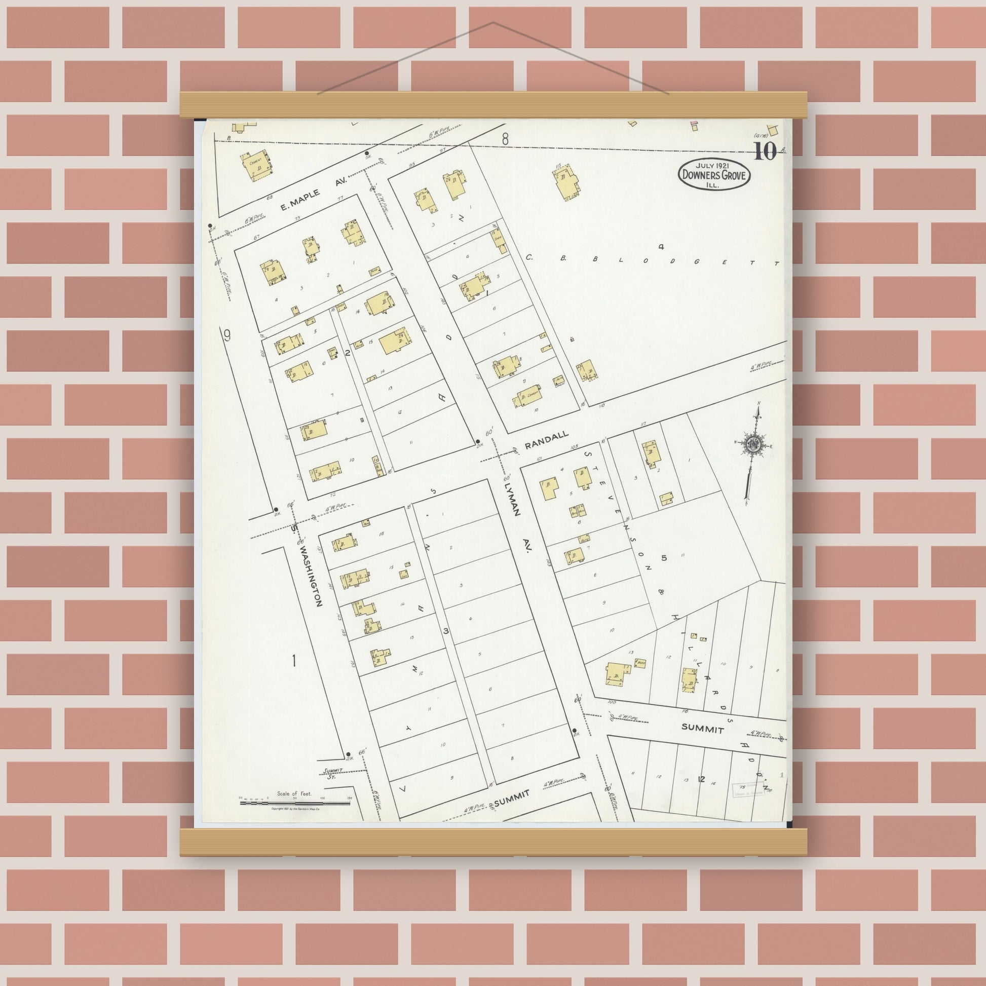 Old map wall art mockup — magnetic wood frame on brick wall — Sanborn Fire Insurance Map from Downers Grove, Dupage County, Illinois (1921), Sheet #0010