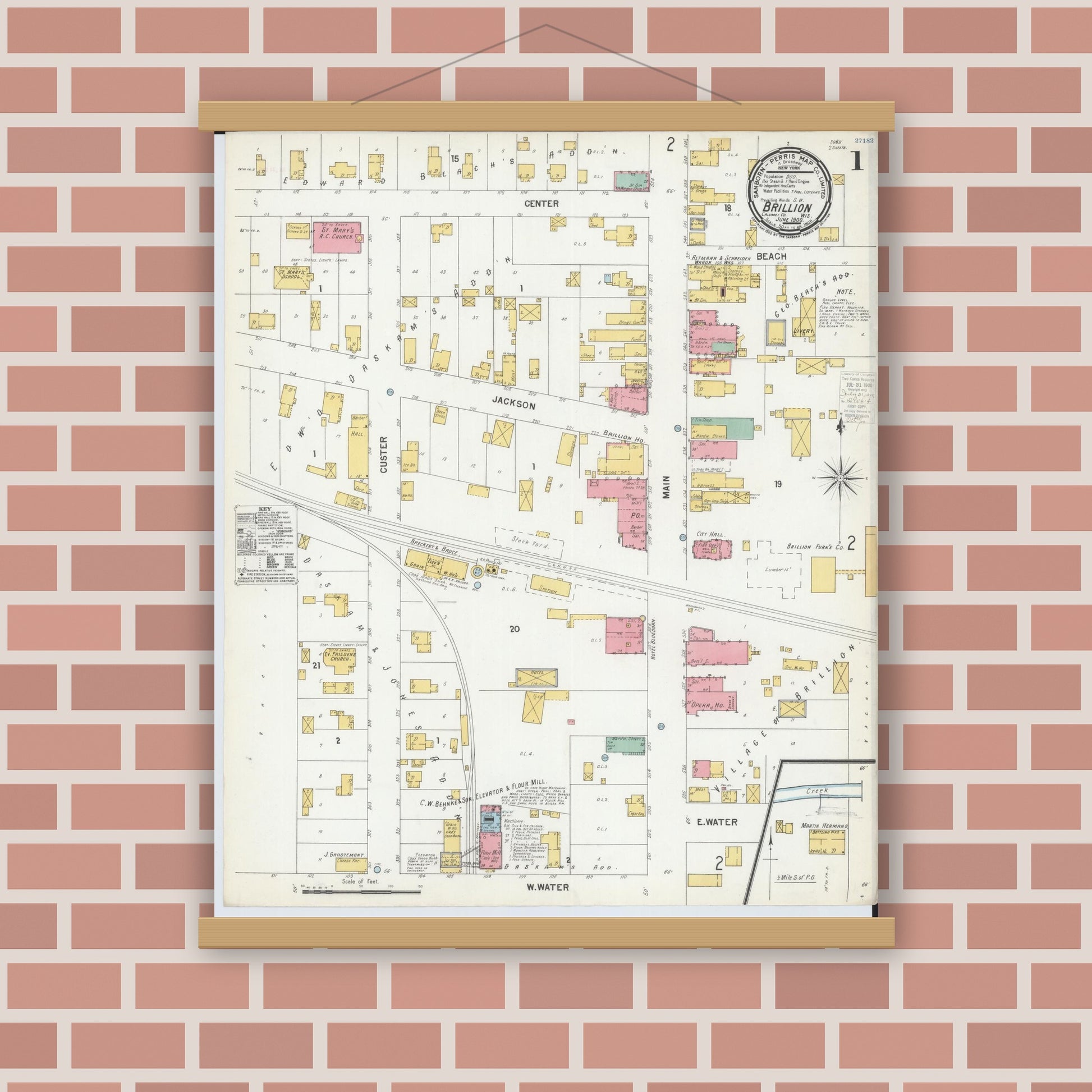 Old map wall art mockup — magnetic wood frame on brick wall — Sanborn Fire Insurance Map from Brillion, Calumet County, Wisconsin (1900) - Complete Map Set