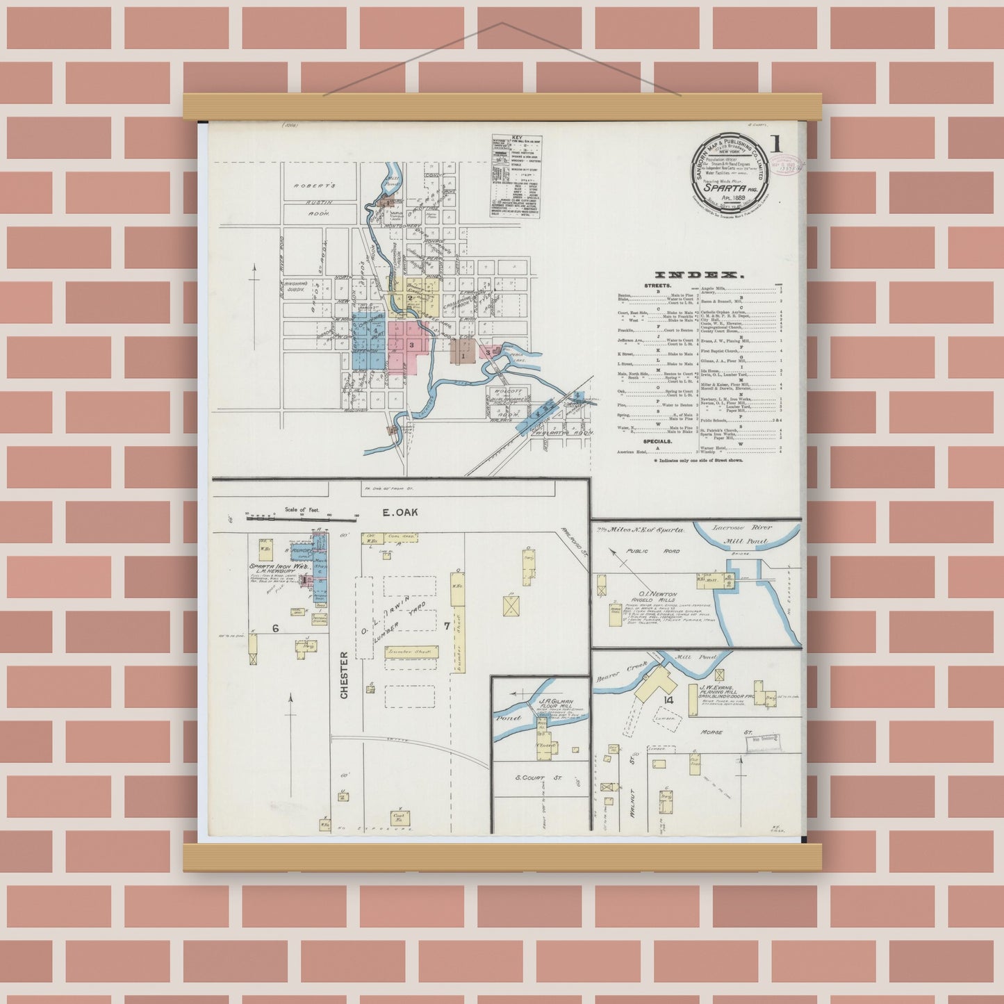 Old map wall art mockup — magnetic wood frame on brick wall — Sanborn Fire Insurance Map from Sparta, Monroe County, Wisconsin (1889), Sheet #0001