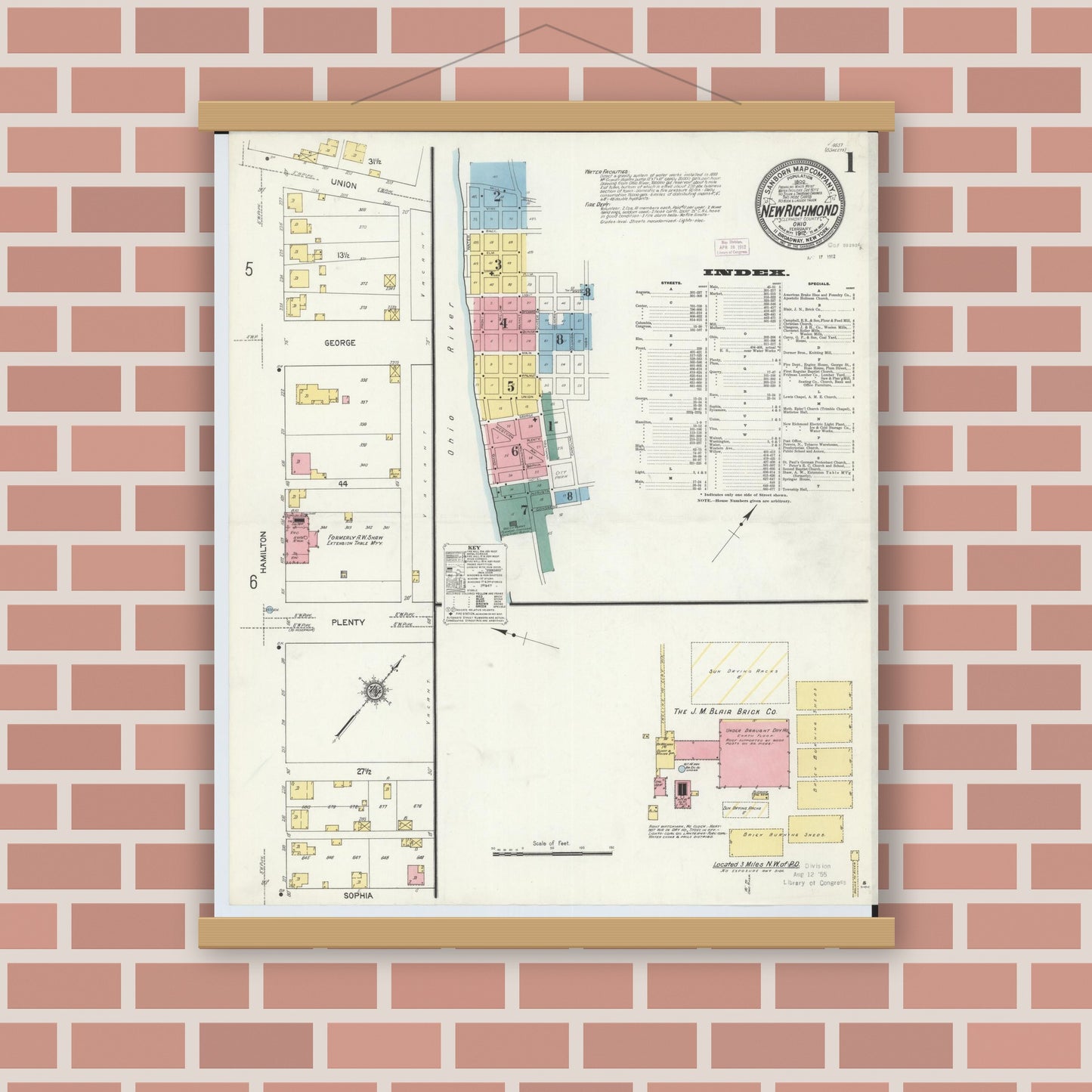 Old map wall art mockup — magnetic wood frame on brick wall — Sanborn Fire Insurance Map from New Richmond, Clermont County, Ohio (1912), Sheet #0001