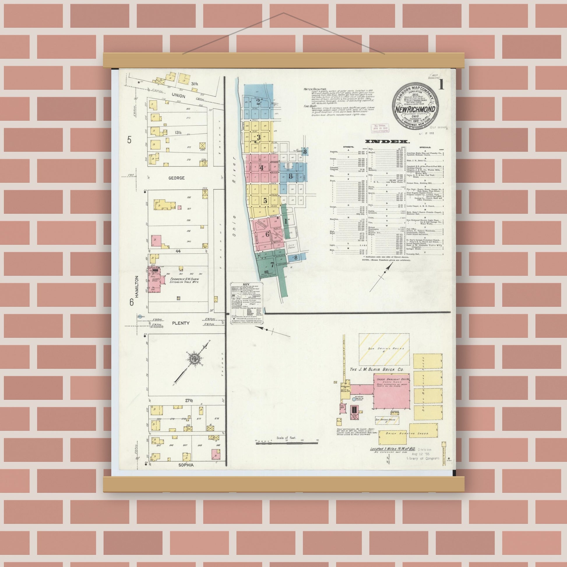 Old map wall art mockup — magnetic wood frame on brick wall — Sanborn Fire Insurance Map from New Richmond, Clermont County, Ohio (1912), Sheet #0001