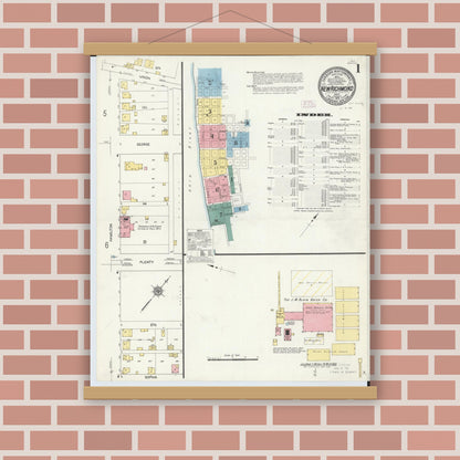 Old map wall art mockup — magnetic wood frame on brick wall — Sanborn Fire Insurance Map from New Richmond, Clermont County, Ohio (1912), Sheet #0001