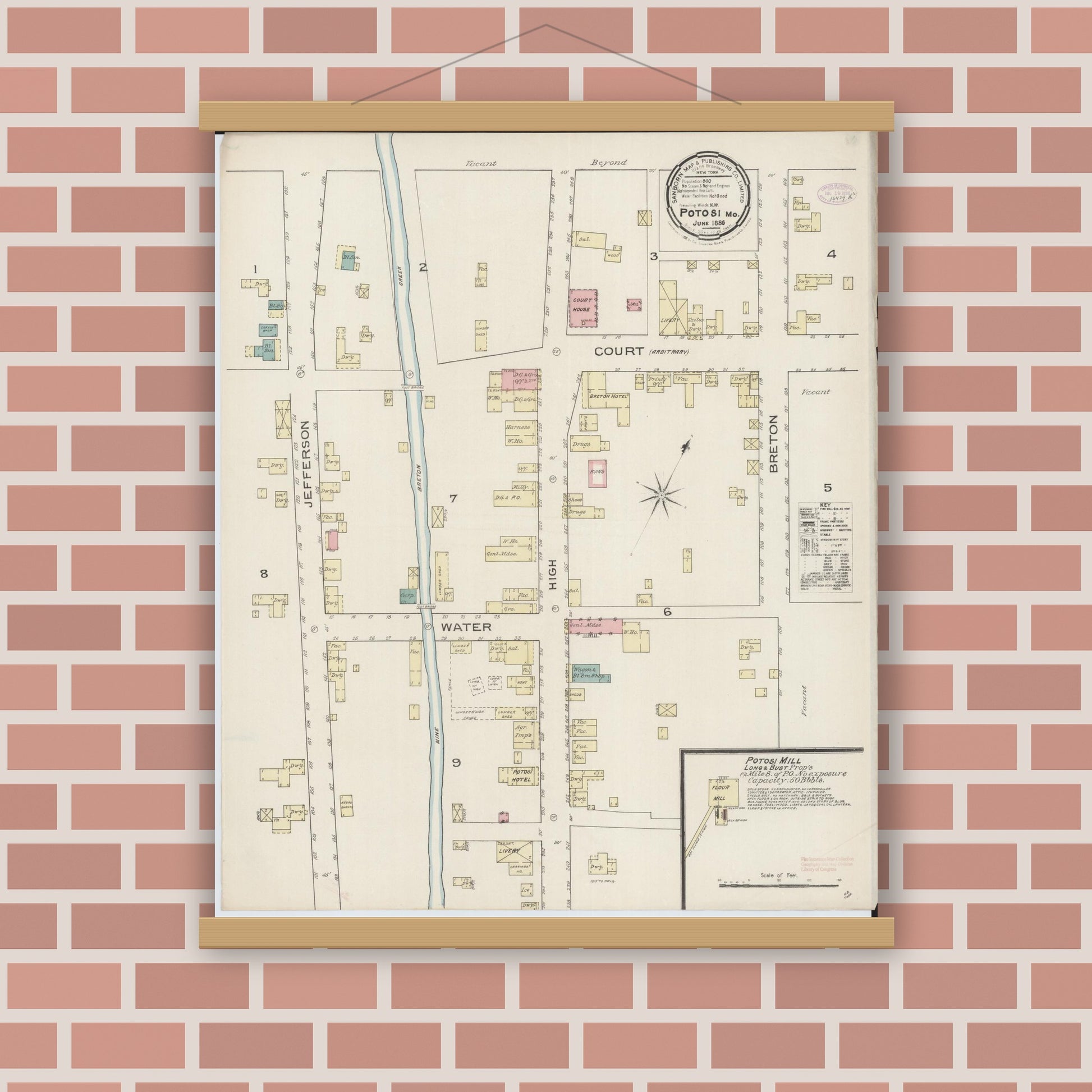 Old map wall art mockup — magnetic wood frame on brick wall — Sanborn Fire Insurance Map from Potosi, Washington County, Missouri (1886), Sheet #0001
