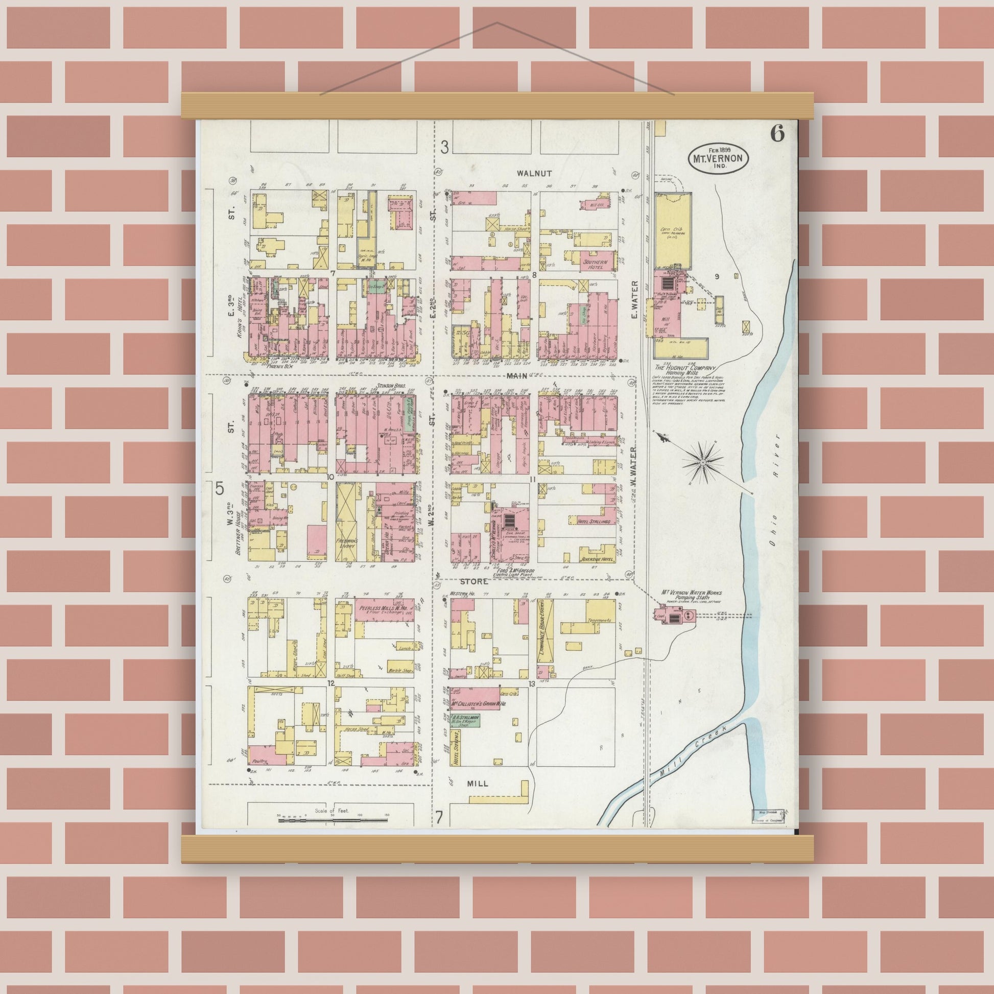 Old map wall art mockup — magnetic wood frame on brick wall — Sanborn Fire Insurance Map from Mount Vernon, Posey County, Indiana (1899), Sheet #0006
